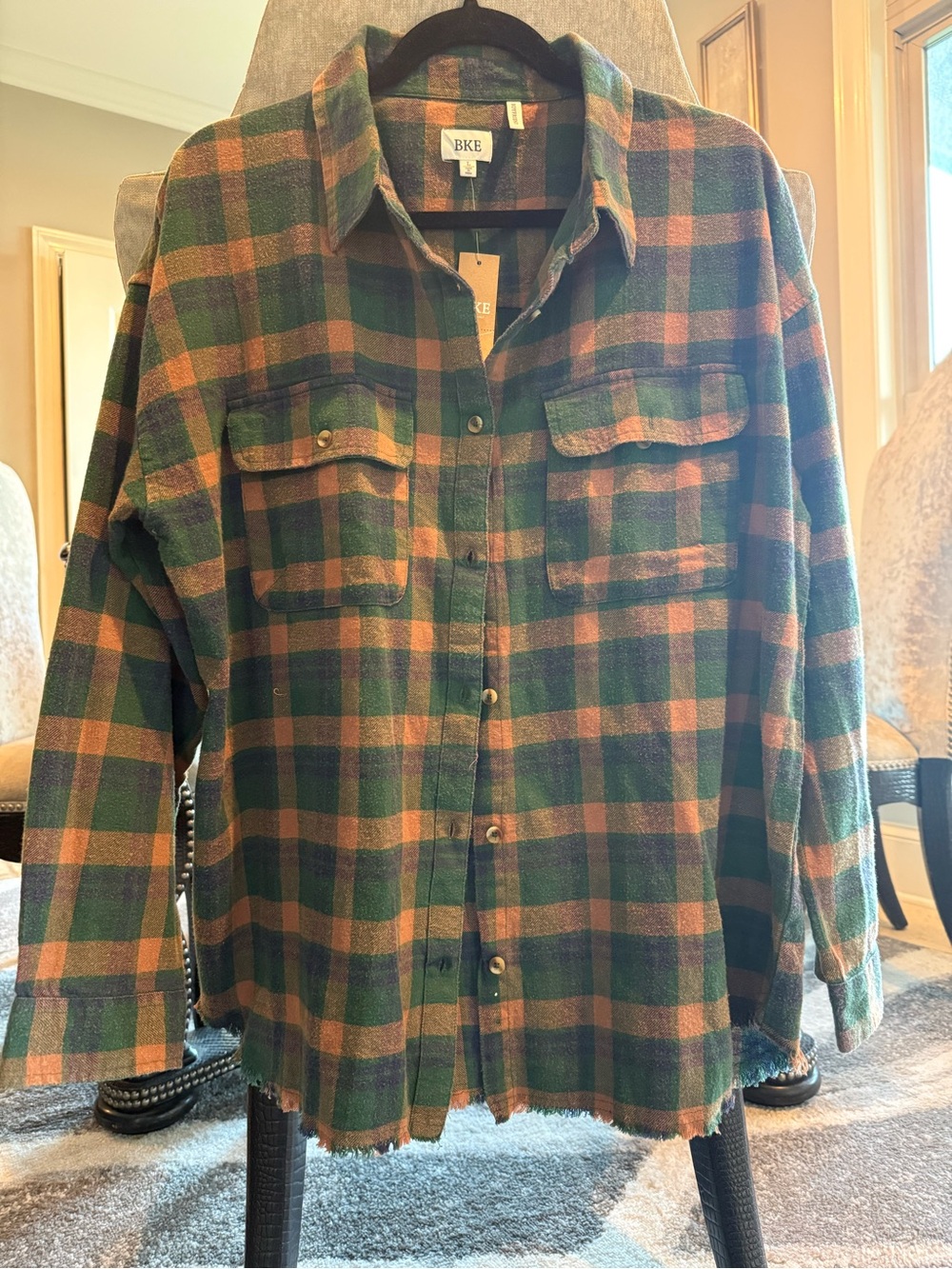 BKE Green & Brown Plaid Button-Down Boyfriend Shirt